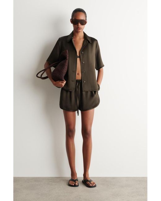 COS Brown Contrast-Piped Satin Shirt