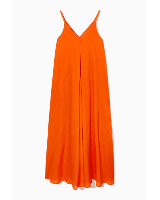 COS Orange Pleated V-neck Linen Midi Dress