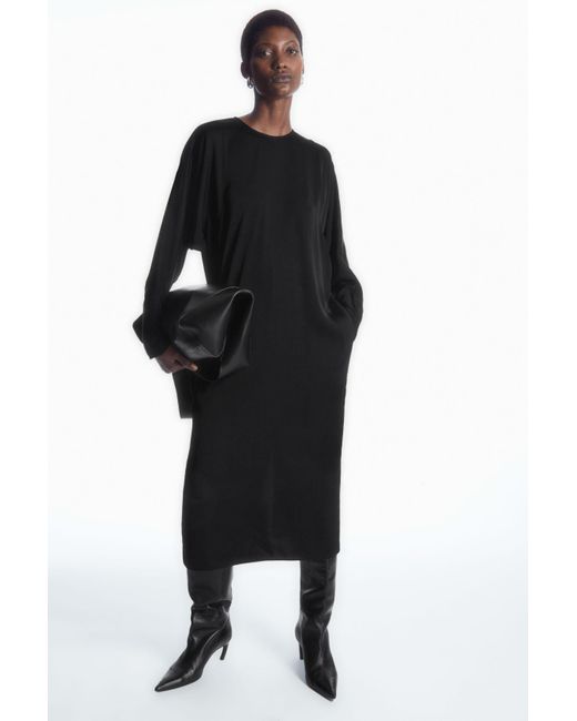 COS Black Batwing-sleeve Satin Shift Dress