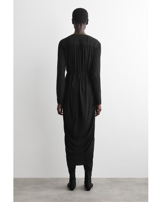 COS Black Gathered Midi Wrap Dress