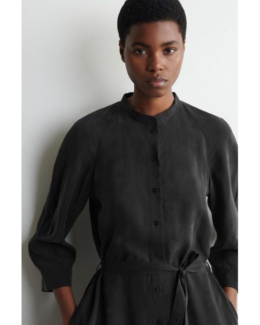 COS Black Belted Collarless Midi Shirt Dress
