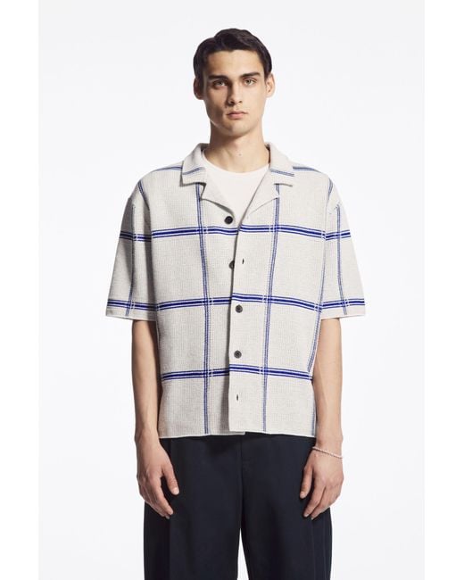 COS Blue Checked Knitted Short-sleeved Shirt for men