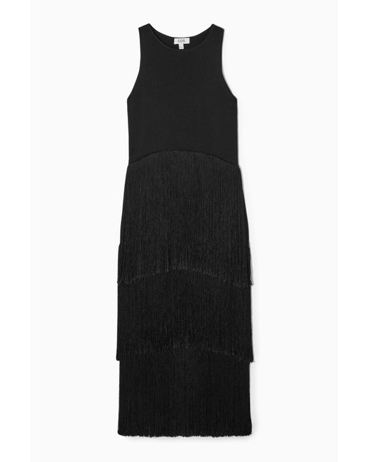 COS Black Fringed Tiered Midi Dress