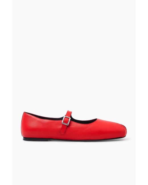 COS Red Pleated Leather Mary-jane Ballet Flats