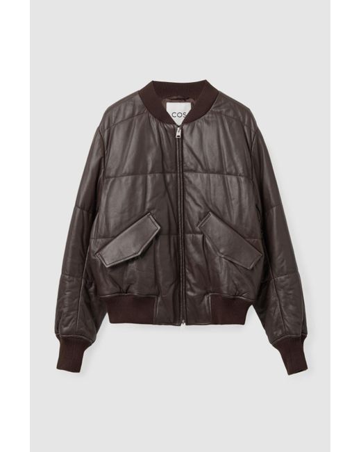 COS Brown Padded Leather Bomber Jacket