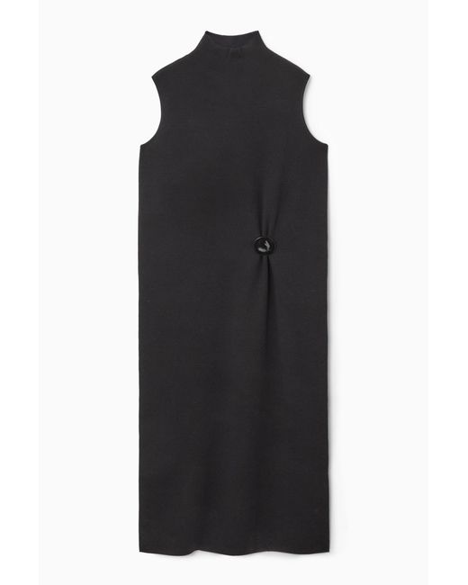 COS Black Brooch-detail Wool Turtleneck Dress