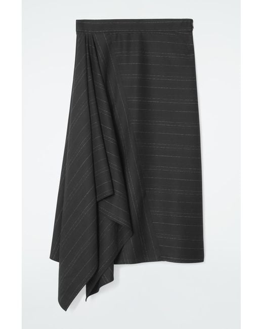 COS Black Asymmetric Pinstriped Wool Skirt
