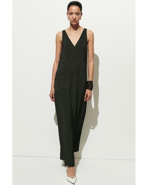 COS Black Gathered Pleated V-Neck Maxi Dress