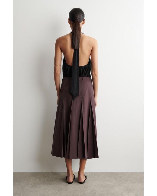 COS Brown Pleated Cotton-Linen Midi Skirt
