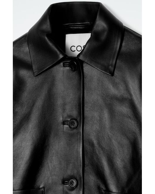 COS Black Boxy Collared Leather Jacket