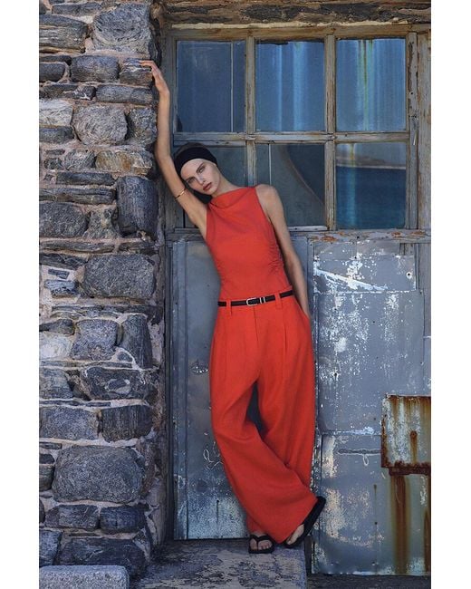 COS Red Buckle-Detail Linen Balloon-Leg Pants
