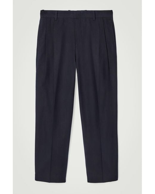 COS Blue Relaxed Pleated Cotton Tapered Trousers for men