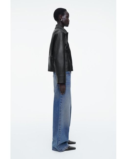 COS Black Boxy Collared Leather Jacket