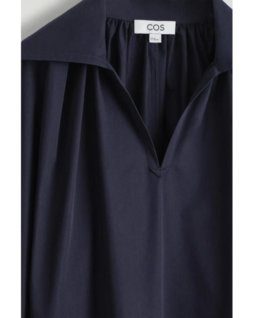 COS Blue Gathered Cotton Midi Shirt Dress