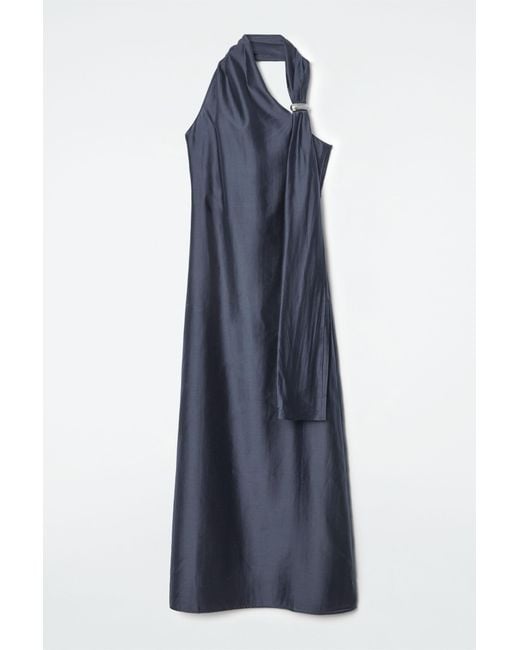 COS Blue Asymmetric Brooch-detail Maxi Dress