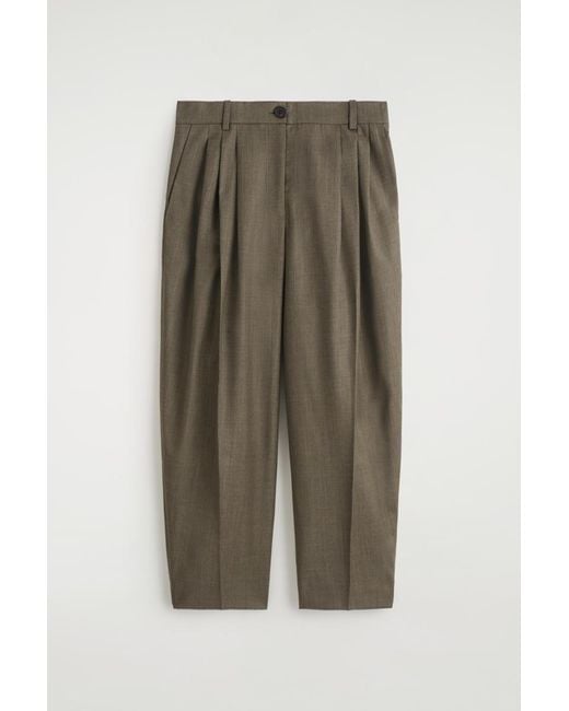 COS Green Pleated Barrel-Leg Wool Trousers