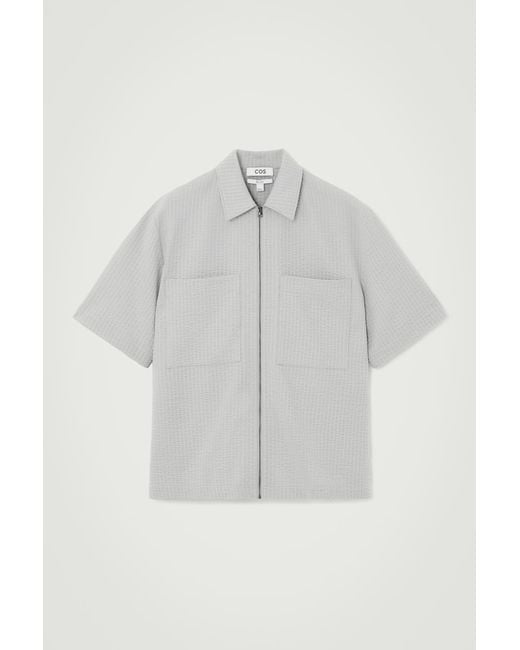 COS Gray Relaxed Seersucker Cotton Zipped Shirt for men