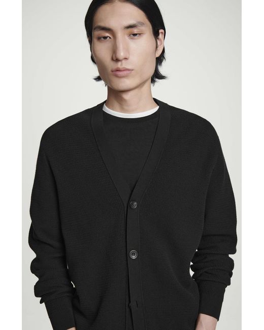 COS Black Textured Knitted Cotton V-Neck Cardigan for men