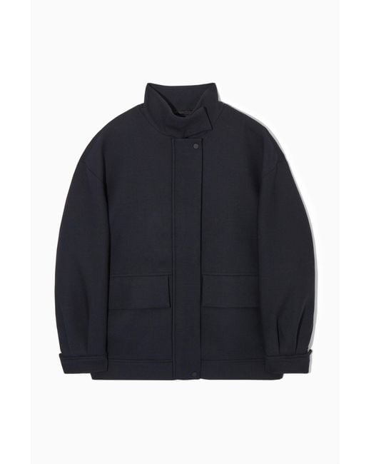 COS Blue Oversized Funnel-neck Wool Bomber Jacket