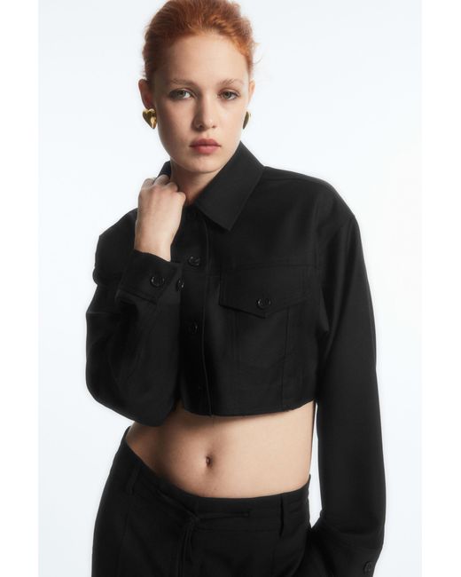 COS Black Oversized Cropped Wool Overshirt