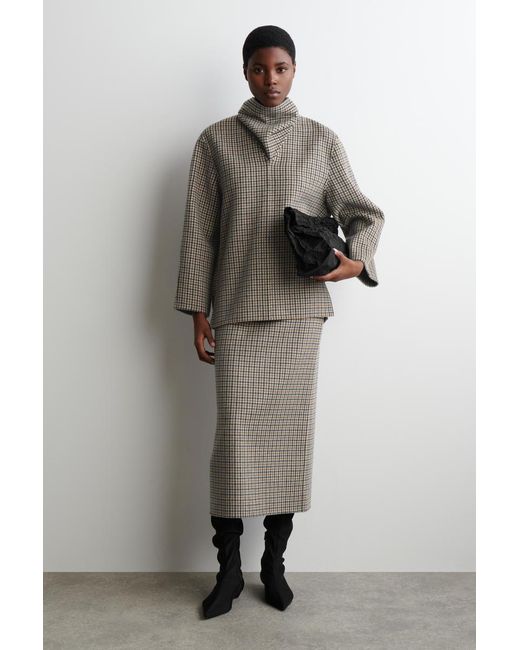 COS Gray Checked Double-Faced Wool Scarf Blouse