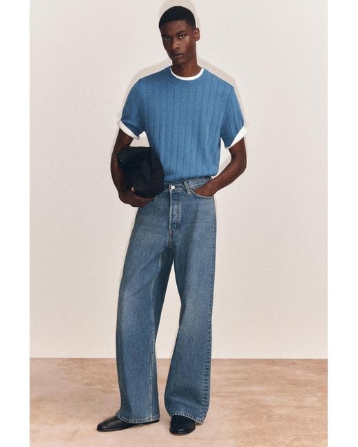 COS Blue Ribbed Merino Wool-Cotton T-Shirt for men