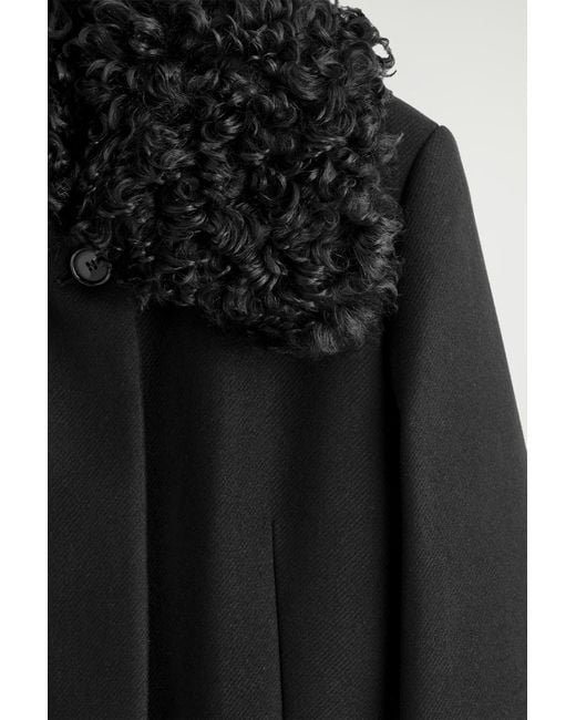 COS Black Shearling-Collar Wool Long Coat