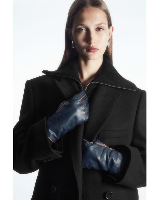 COS Blue Cashmere-lined Colour-block Leather Gloves