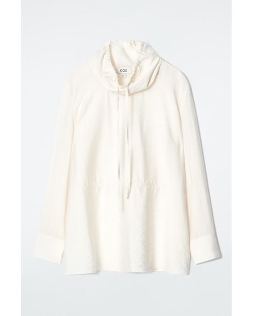 COS White Drawstring Funnel-neck Blouse