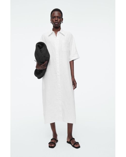 COS White Oversized Short-sleeved Linen Midi Dress