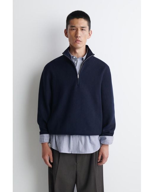 COS Blue Double-Faced Knitted Half-Zip Jumper for men