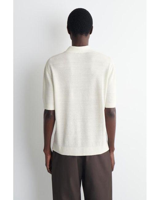 COS White Textured Knitted Linen Polo Shirt for men