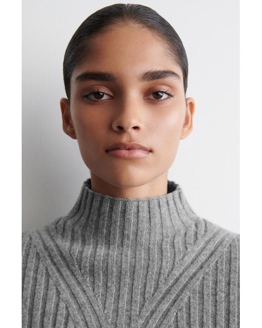 COS Gray Ribbed Wool Funnel-Neck Jumper