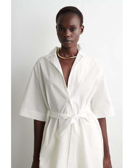 COS White Belted Short-Sleeved Midi Shirt Dress