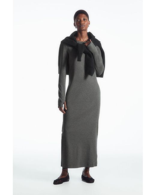 COS Gray Ribbed Long-sleeved Midi Dress