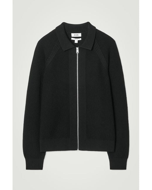 COS Black Waffle-Knit Merino Wool Bomber Jacket for men