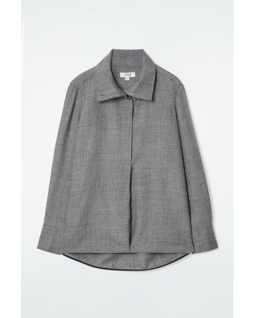 COS Gray Relaxed Funnel-Neck Wool-Flannel Shirt