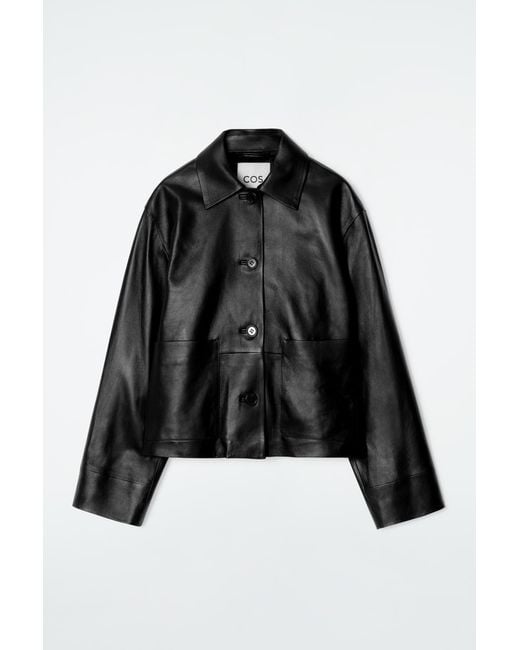 COS Black Boxy Collared Leather Jacket