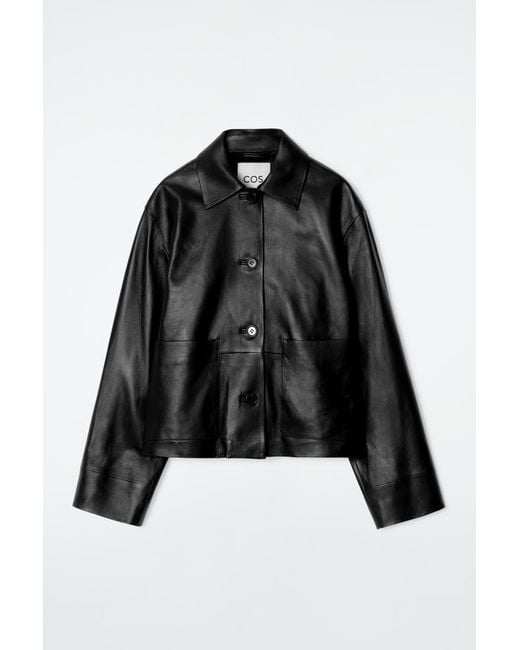COS Black Boxy Collared Leather Jacket