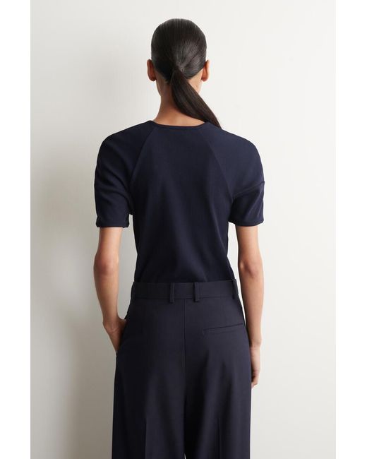 COS Blue Rounded Ribbed Jersey Henley Top