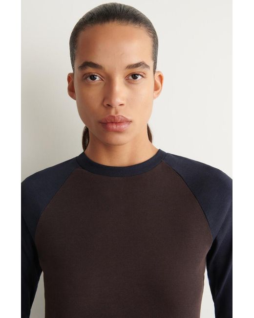 COS Blue Long-Sleeved Cotton Raglan T-Shirt