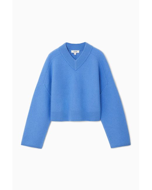 COS Blue Cropped V-neck Wool Sweater
