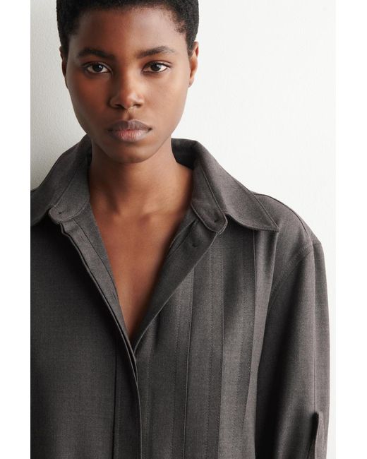 COS Gray Half-Pleated Wool Mini Shirt Dress