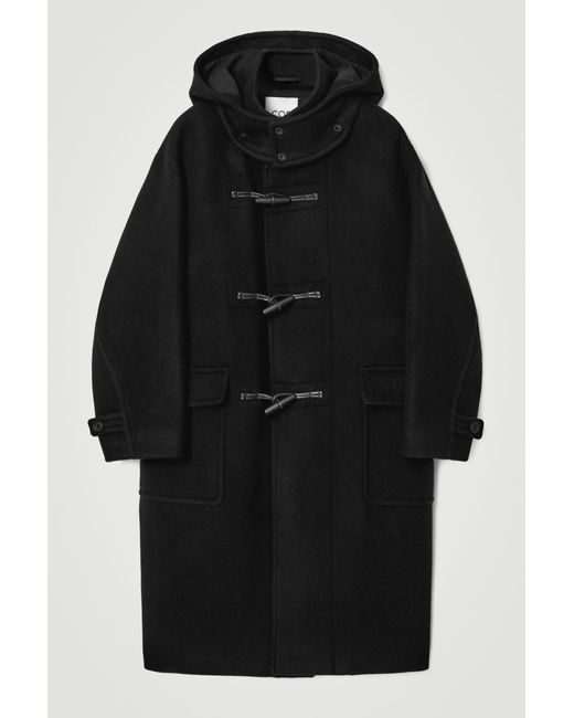 COS Black Hooded Wool Duffle Coat for men