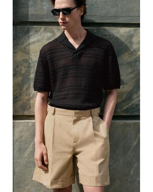 COS Black Striped Open-Knit Polo Shirt for men