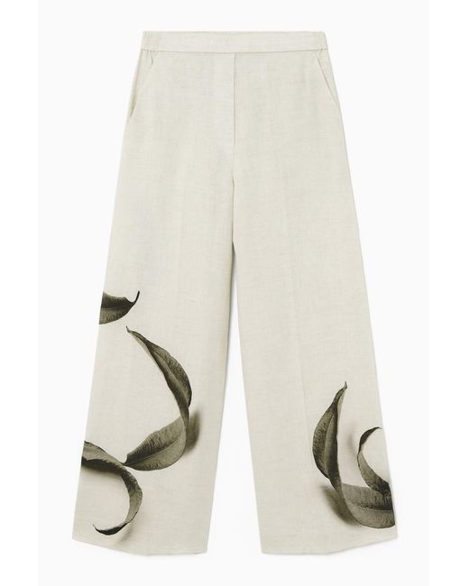 COS White Leaf-print Linen Pants