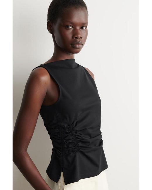 COS Black Ruched-Waist Cotton-Jersey Tank Top