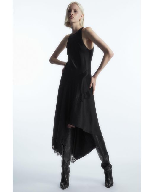 COS Black Asymmetric Lace-trimmed Satin Dress