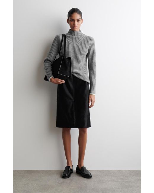 COS Gray Ribbed Wool Funnel-Neck Jumper
