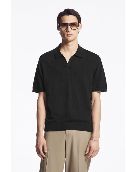 COS Black Knitted Linen Polo Shirt for men
